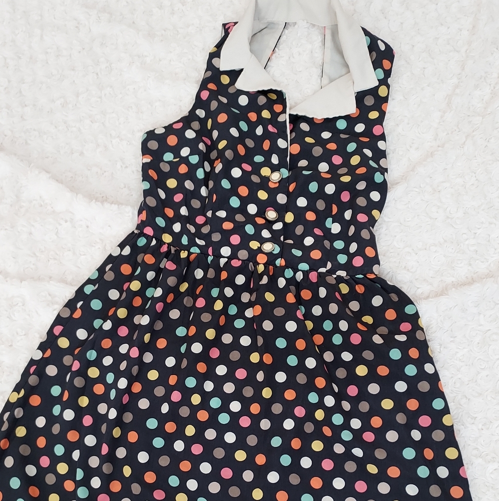 Rainbow Polka Dot Halter Mini Dress Lined Small Flirty Spring Quirky Pin-Up